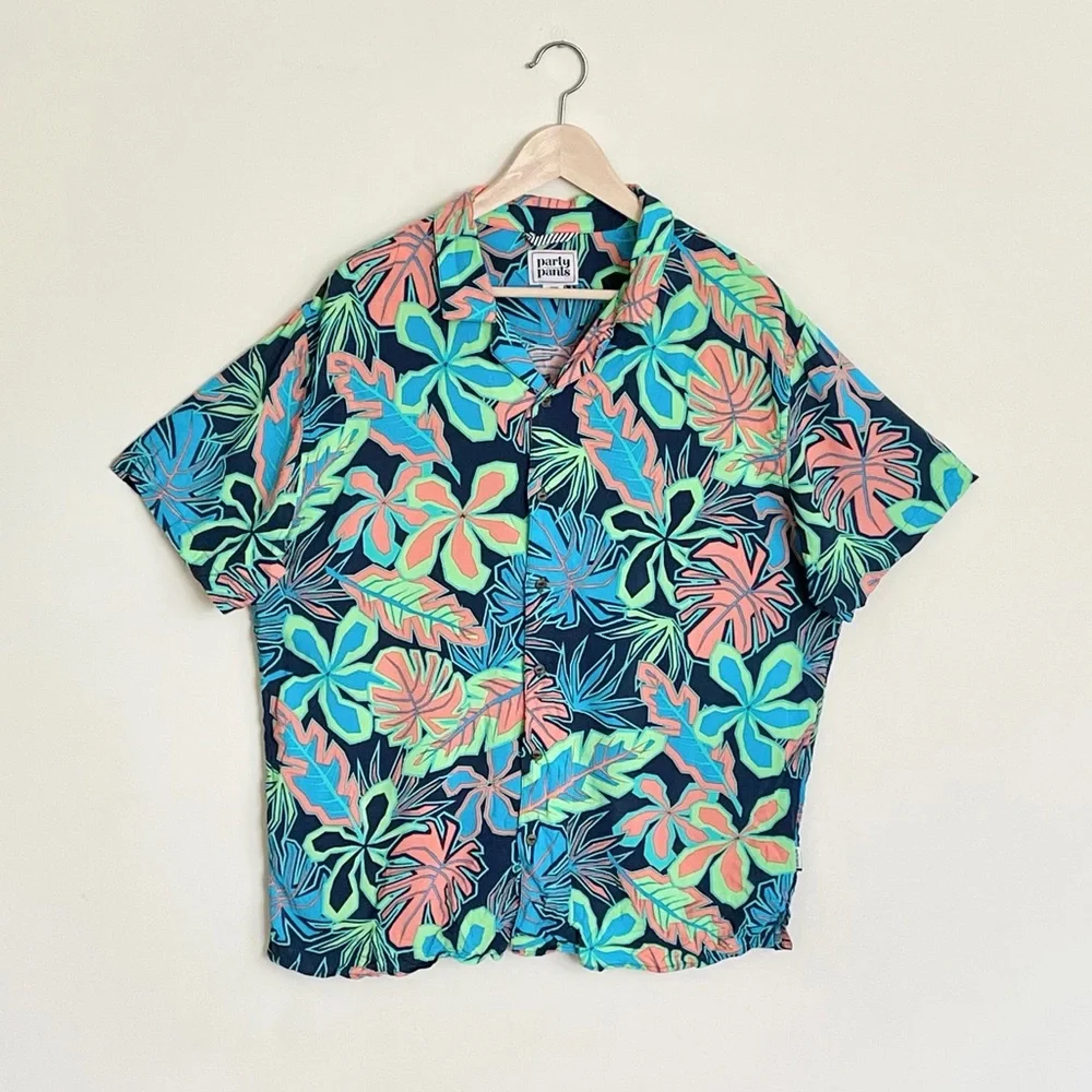 Party Pants Neon Palm Leaf Tropical Hawaiian Button Down Shirt Men’s size Large